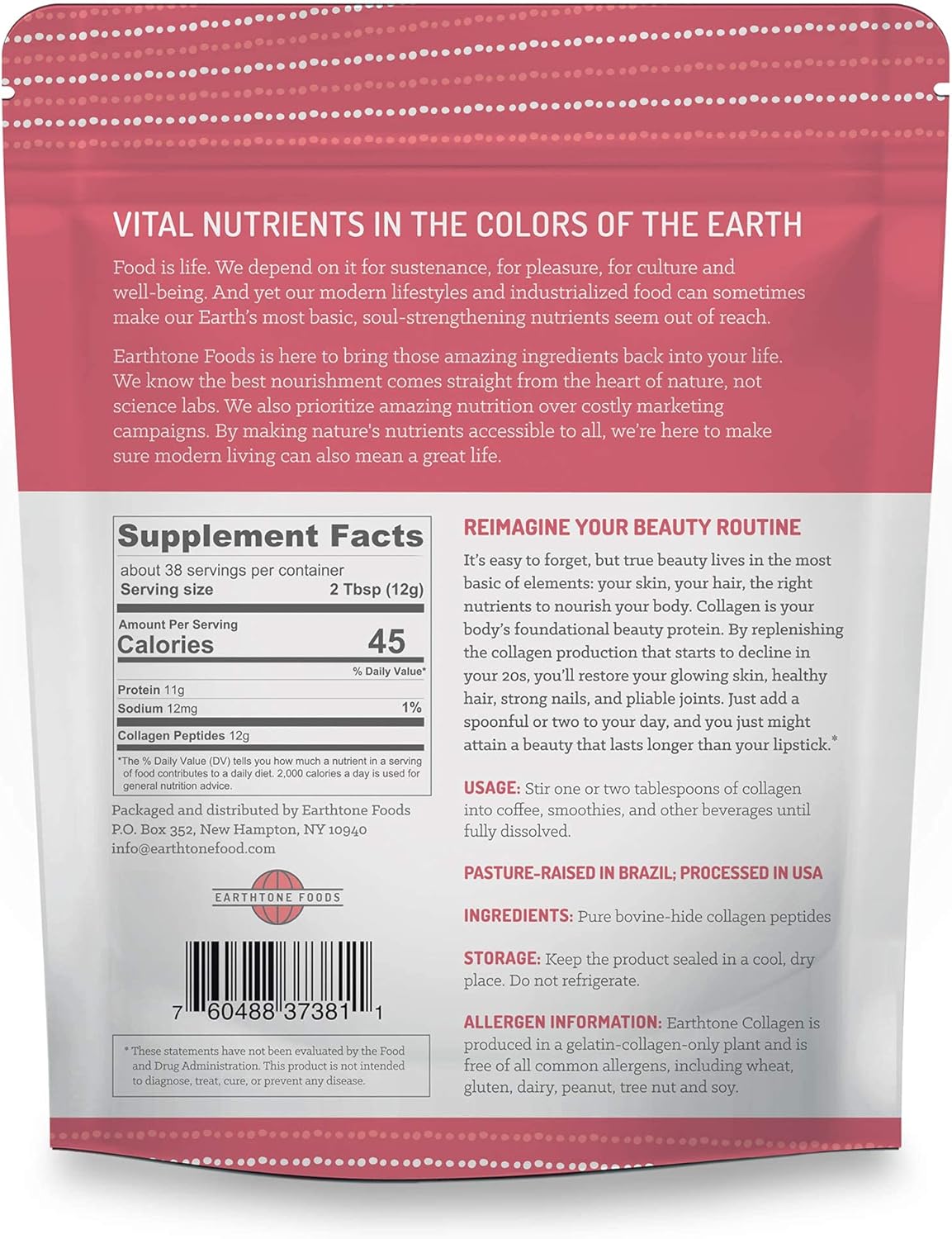 16 oz EARTHTONE Collagen Peptides Powder - Paleo-Friendly Grass-Fed Protein