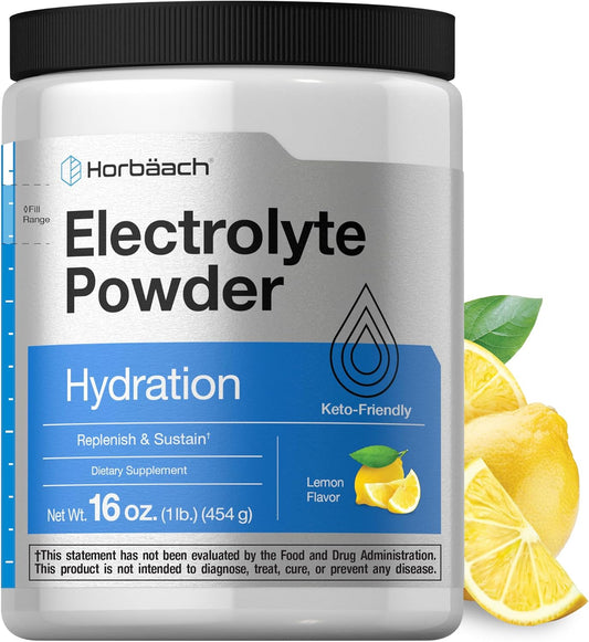 16 oz Horbäach Electrolytes Powder - 130 Servings, Lemon Flavor - Hydration Supplement for Vegetarians, Keto-Friendly, Non-GMO & Gluten Free