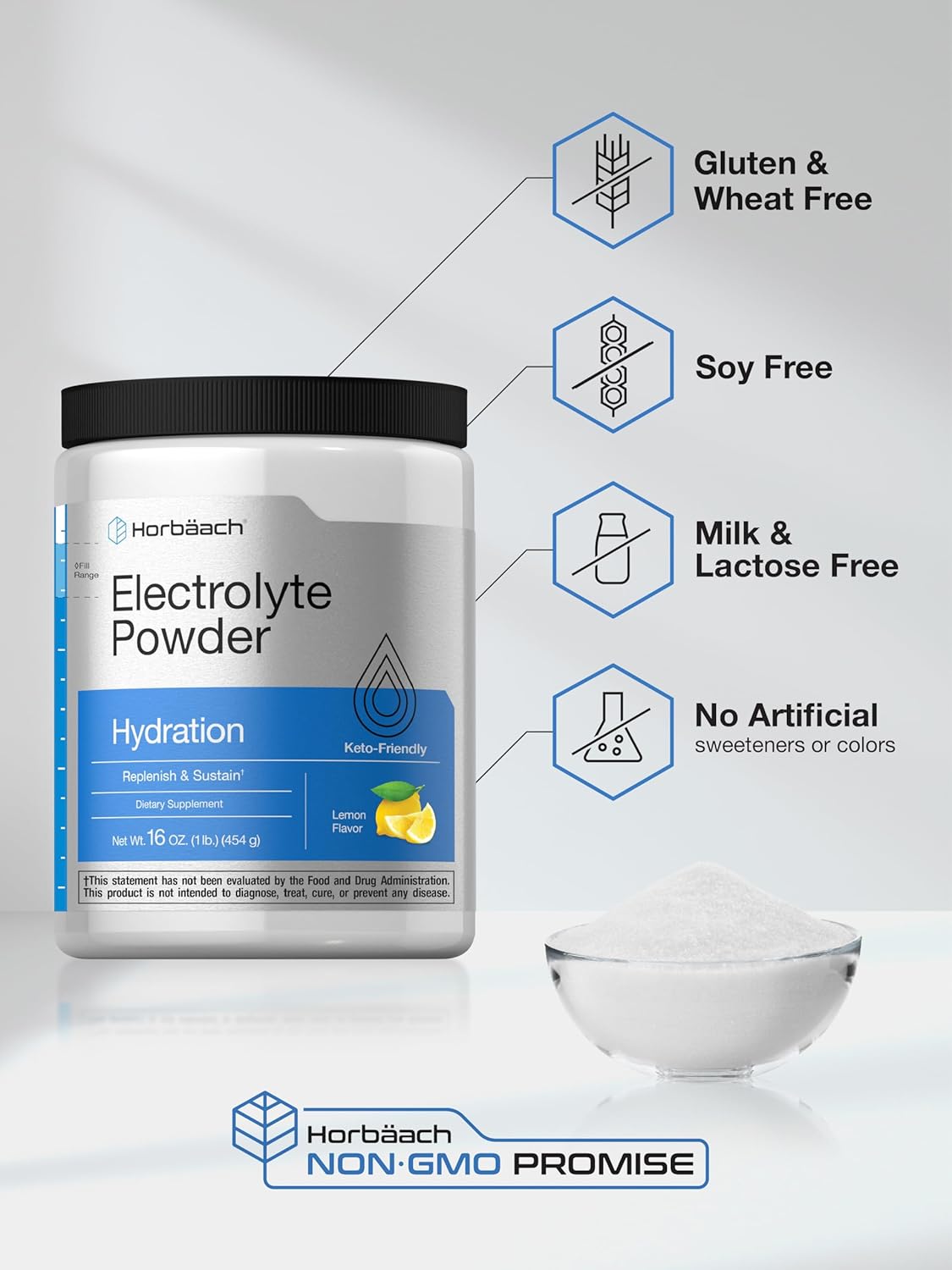16 oz Horbäach Electrolytes Powder - 130 Servings, Lemon Flavor - Hydration Supplement for Vegetarians, Keto-Friendly, Non-GMO & Gluten Free