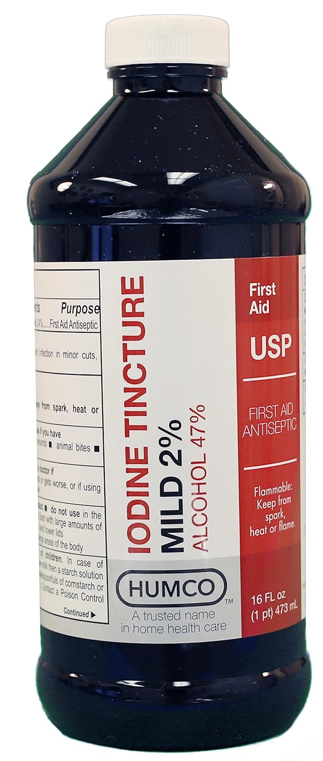 16 oz Iodine Tincture 2% Mild USP by HUMCO - Ideal for First Aid Kit, Skin Care & Disinfectant - Convenient Shape