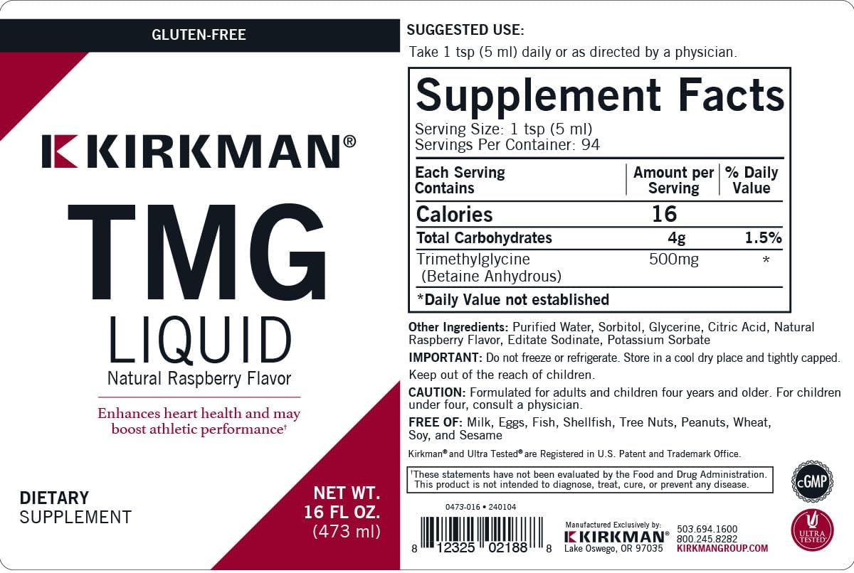 16 oz Kirkman Liquid TMG Supplement - Supports Serotonin & Methylation - Natural Raspberry Flavor - High Quality Formula