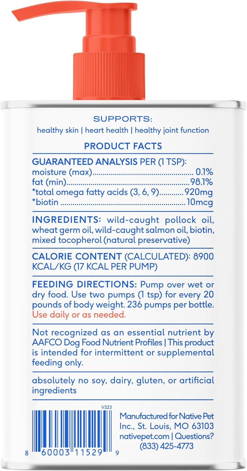 16 oz Native Pet Omega 3 Fish Oil for Dogs with EPA DHA - Easy-Serve Liquid Pump - Supports Skin & Mobility - Pollock & Salmon Omega 3 Supplements