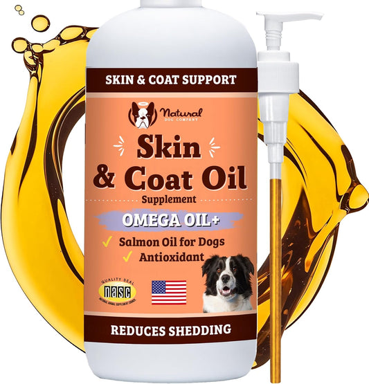 16 oz. Natural Dog Company Skin & Coat Oil with Fish & Flaxseed Oil, Fatty Acids & Antioxidant Support, Soft Coat & Skin Health for Dogs, Pump Bottle