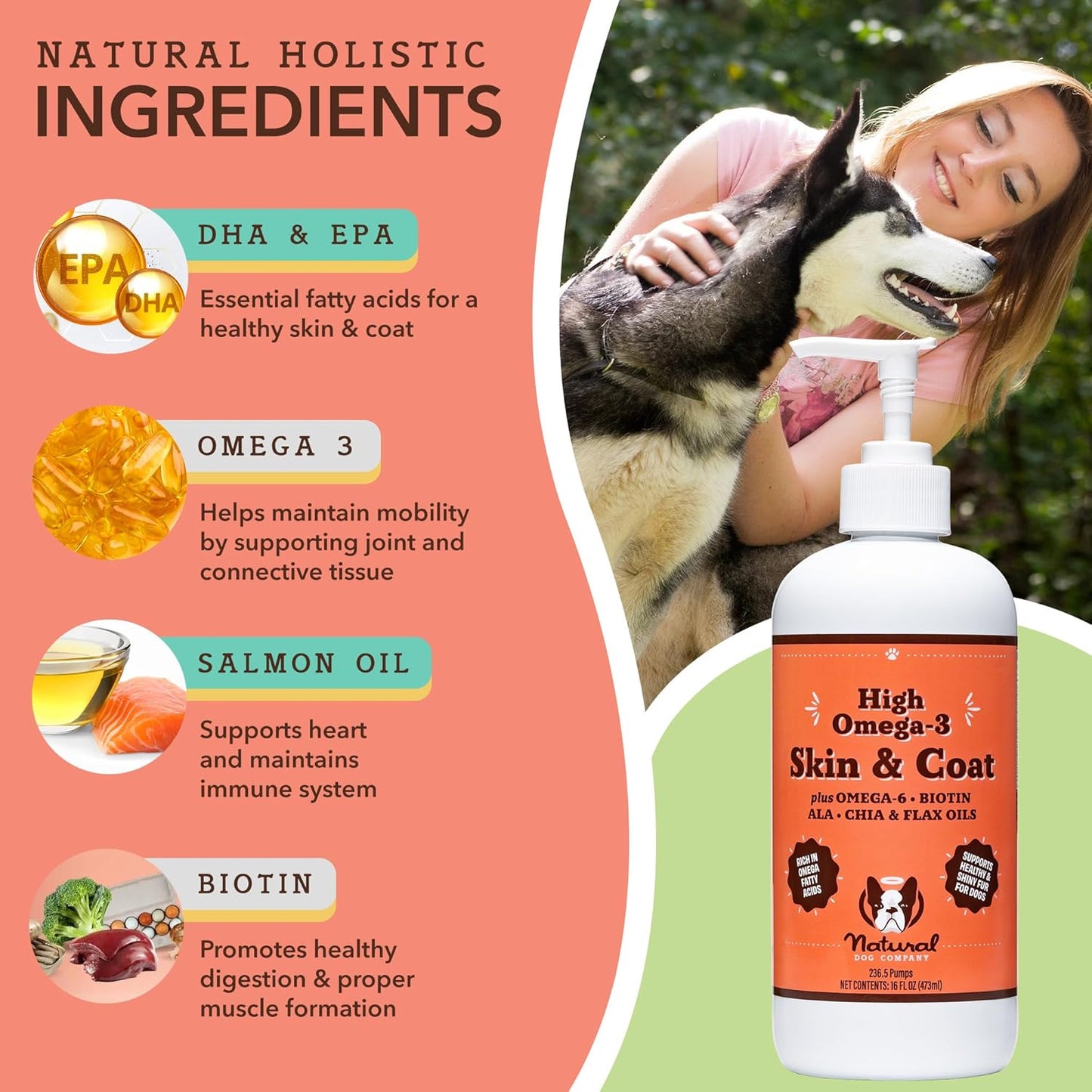 16 oz. Natural Dog Company Skin & Coat Oil with Fish & Flaxseed Oil, Fatty Acids & Antioxidant Support, Soft Coat & Skin Health for Dogs, Pump Bottle
