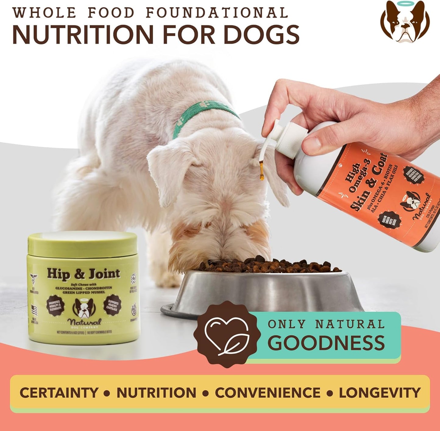16 oz. Natural Dog Company Skin & Coat Oil with Fish & Flaxseed Oil, Fatty Acids & Antioxidant Support, Soft Coat & Skin Health for Dogs, Pump Bottle