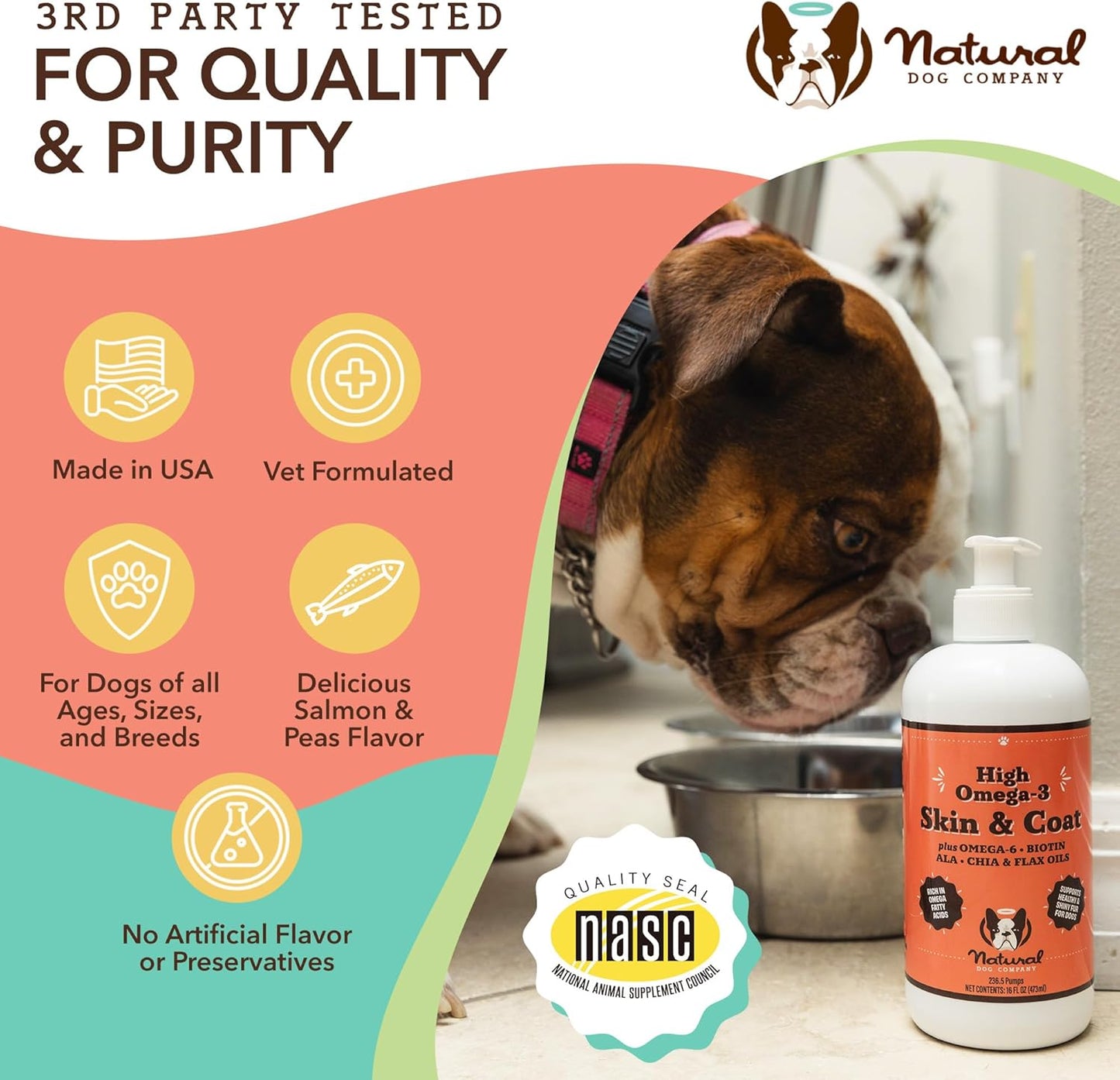 16 oz. Natural Dog Company Skin & Coat Oil with Fish & Flaxseed Oil, Fatty Acids & Antioxidant Support, Soft Coat & Skin Health for Dogs, Pump Bottle