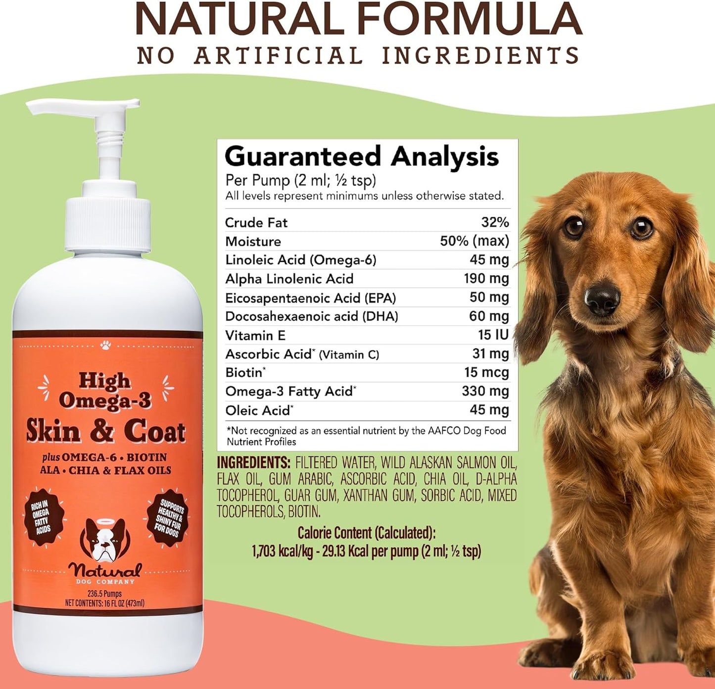 16 oz. Natural Dog Company Skin & Coat Oil with Fish & Flaxseed Oil, Fatty Acids & Antioxidant Support, Soft Coat & Skin Health for Dogs, Pump Bottle