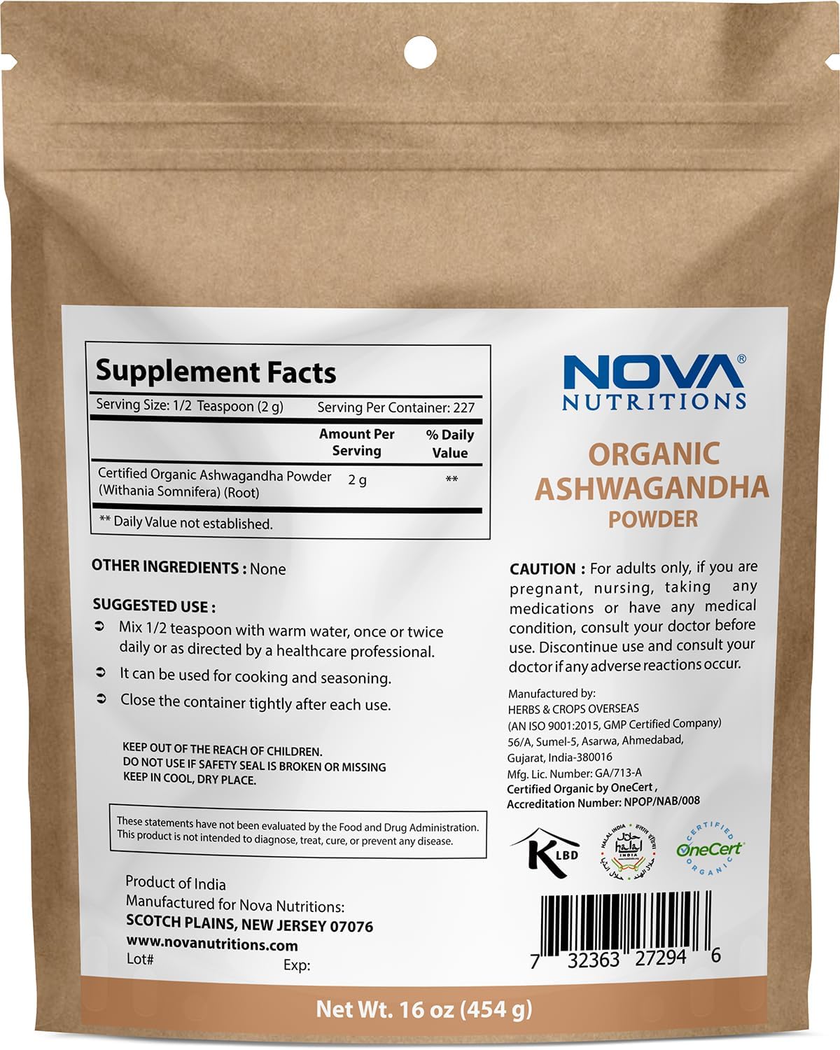 16 OZ Nova Nutritions Organic Ashwagandha Powder - Withania Somnifera Supplement