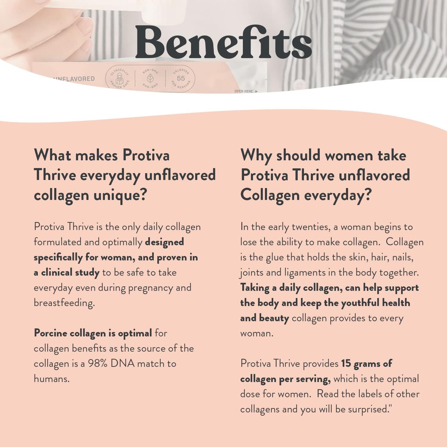 16 oz PROTIVA Thrive Collagen Powder for Women - Unflavored Peptide Powder, Clinically Safe for Pregnancy & Breastfeeding, Reduces Stretch Marks