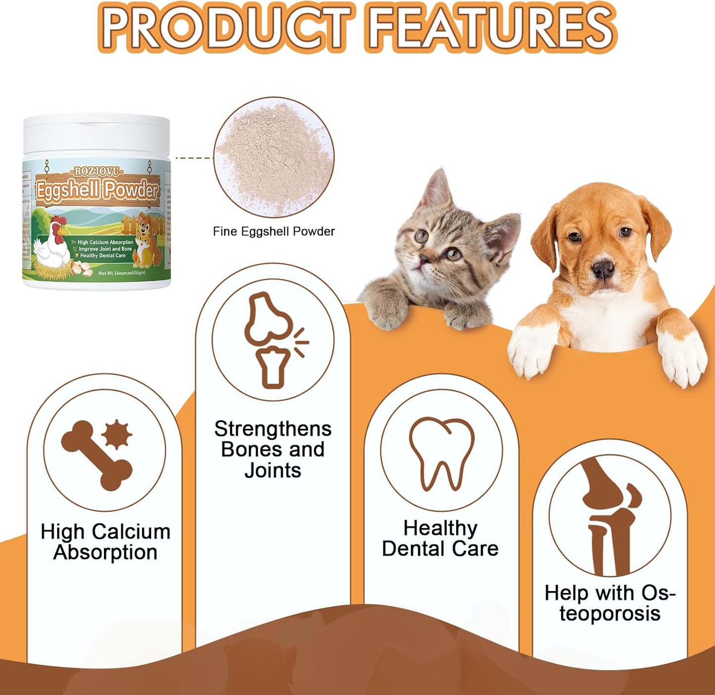 16 oz ROZJOVU Eggshell Powder: Calcium Supplement for Dogs & Cats, Supports Bone & Joint Health, Osteoporosis Relief & Heart Health