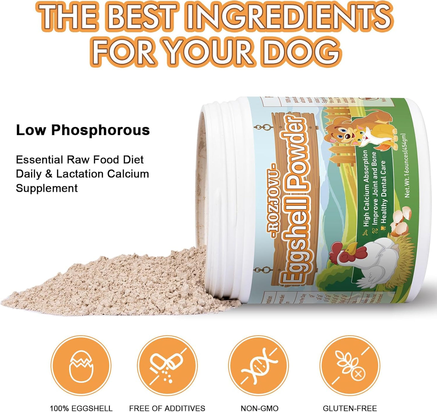16 oz ROZJOVU Eggshell Powder: Calcium Supplement for Dogs & Cats, Supports Bone & Joint Health, Osteoporosis Relief & Heart Health