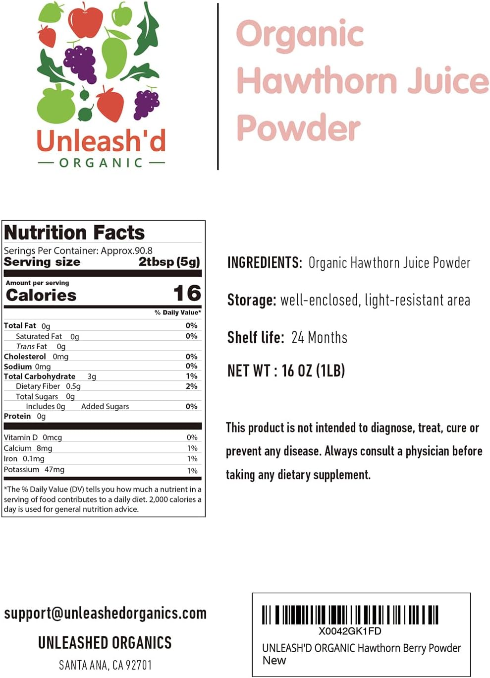 16 oz UNLEASH'D ORGANIC Hawthorn Juice Powder - Cardiovascular Support & Nutrient Absorption Boost