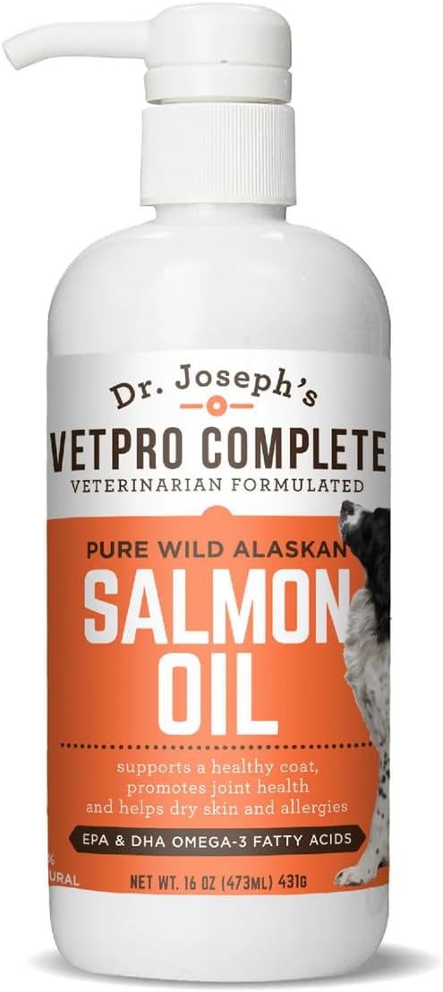 16 oz VetPro Pure Wild Alaskan Salmon Oil for Dogs & Cats - Omega 3 & 6 Liquid Fish Oil Supplement with EPA + DHA Fatty Acids - Coat & Joint Support for Dry Skin & Allergies - Add to Food