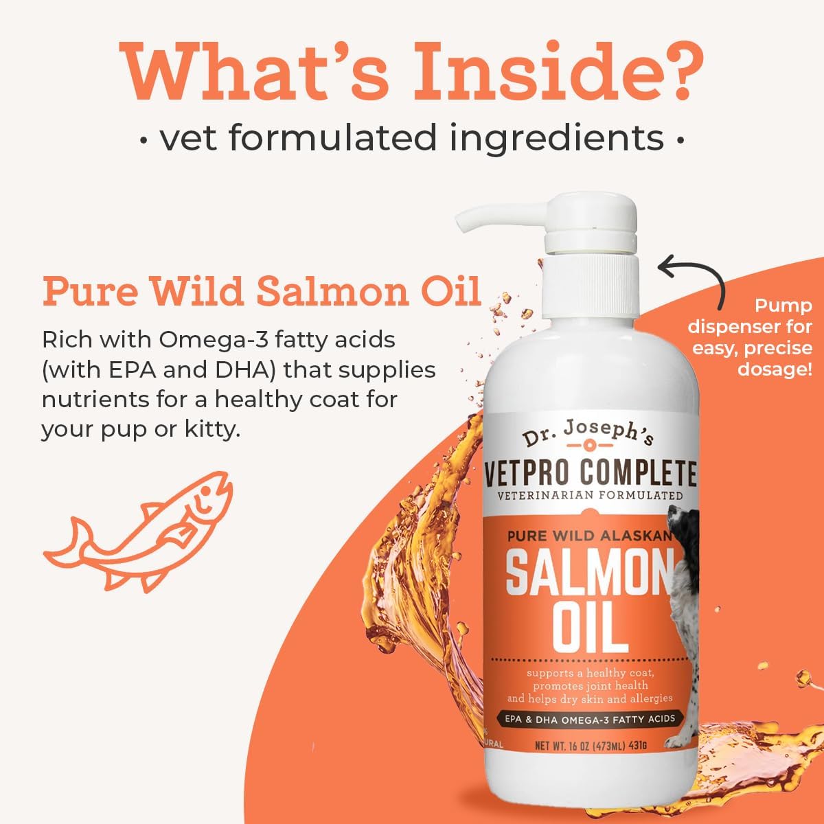 16 oz VetPro Pure Wild Alaskan Salmon Oil for Dogs & Cats - Omega 3 & 6 Liquid Fish Oil Supplement with EPA + DHA Fatty Acids - Coat & Joint Support for Dry Skin & Allergies - Add to Food