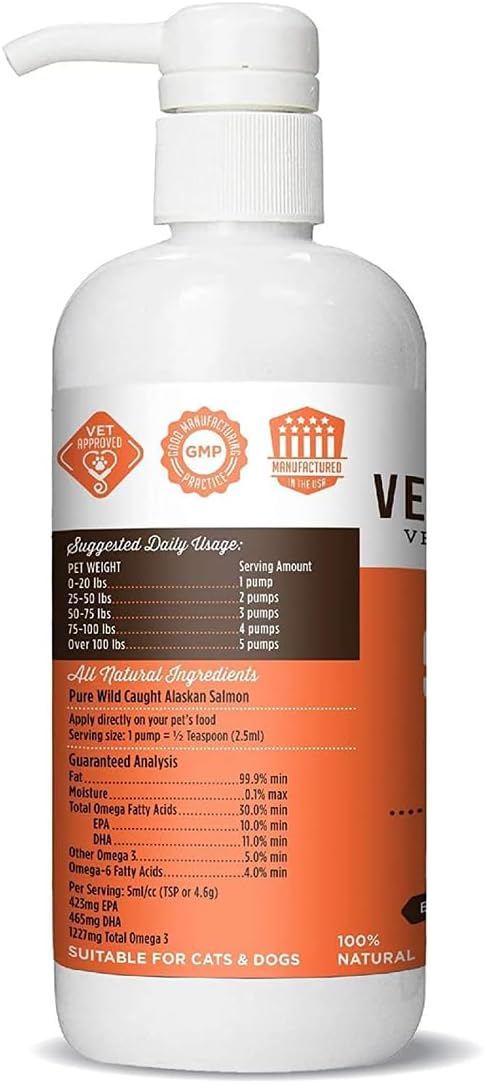 16 oz VetPro Pure Wild Alaskan Salmon Oil for Dogs & Cats - Omega 3 & 6 Liquid Fish Oil Supplement with EPA + DHA Fatty Acids - Coat & Joint Support for Dry Skin & Allergies - Add to Food
