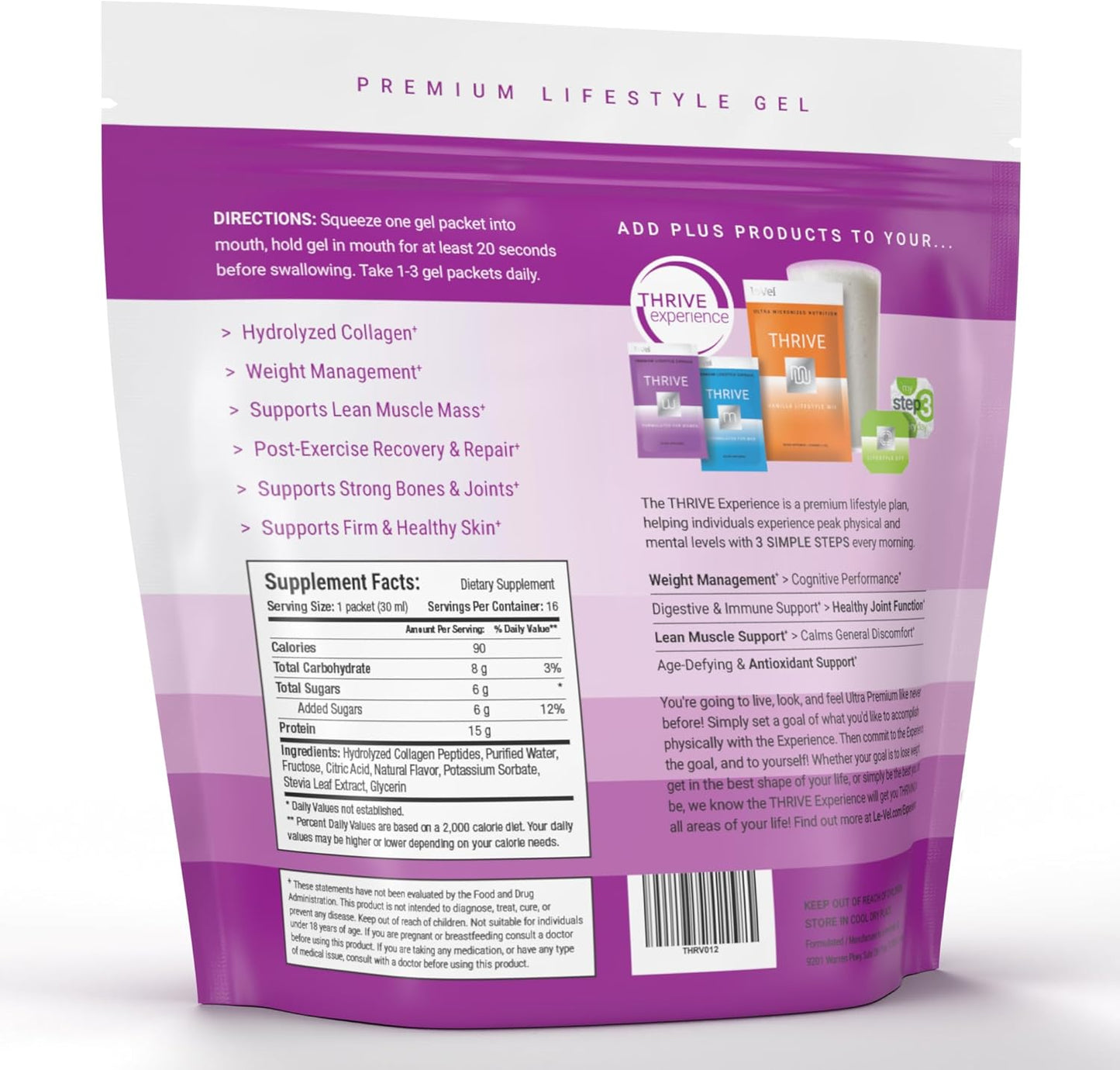 16 Packets of Le-Vel Thrive Form SGT Collagen Gel - Hydrolyzed Collagen Peptides for Joint Health, Skin Elasticity, and Lean Muscle Recovery - Sequential Gel Technology for Optimal Absorption - Plant-Based Formula