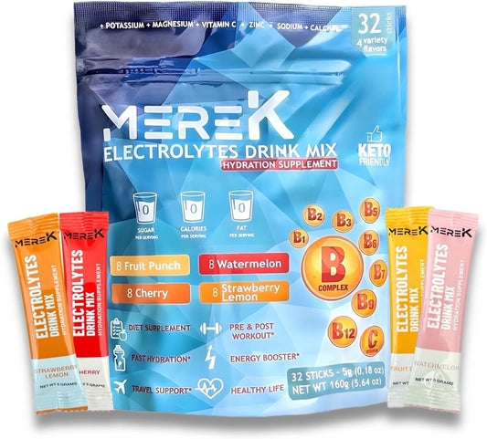 16 Sachets of mereK Electrolyte Hydration Powder Supplements - Easy Open Single-Serving Packets - Ideal for Workouts and Travel - Sugar-Free, Calorie-Free, Keto-Friendly
