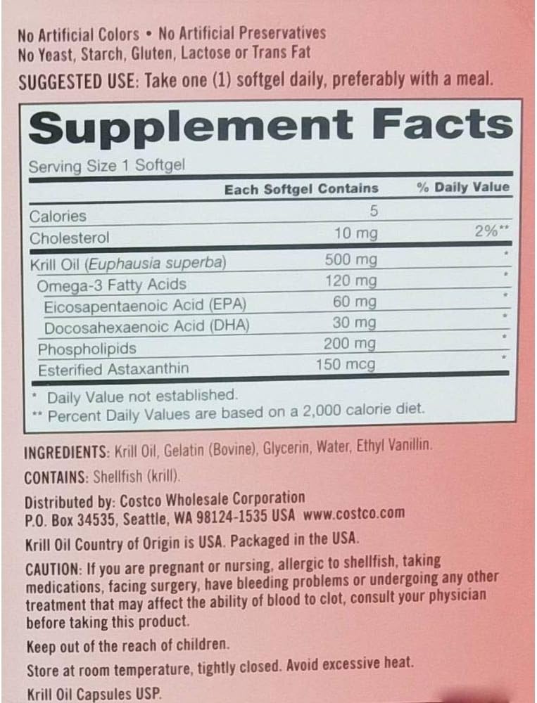 160 Softgels of Kirkland Signature 500mg Krill Oil - Omega-3 Fatty Acids Supplement