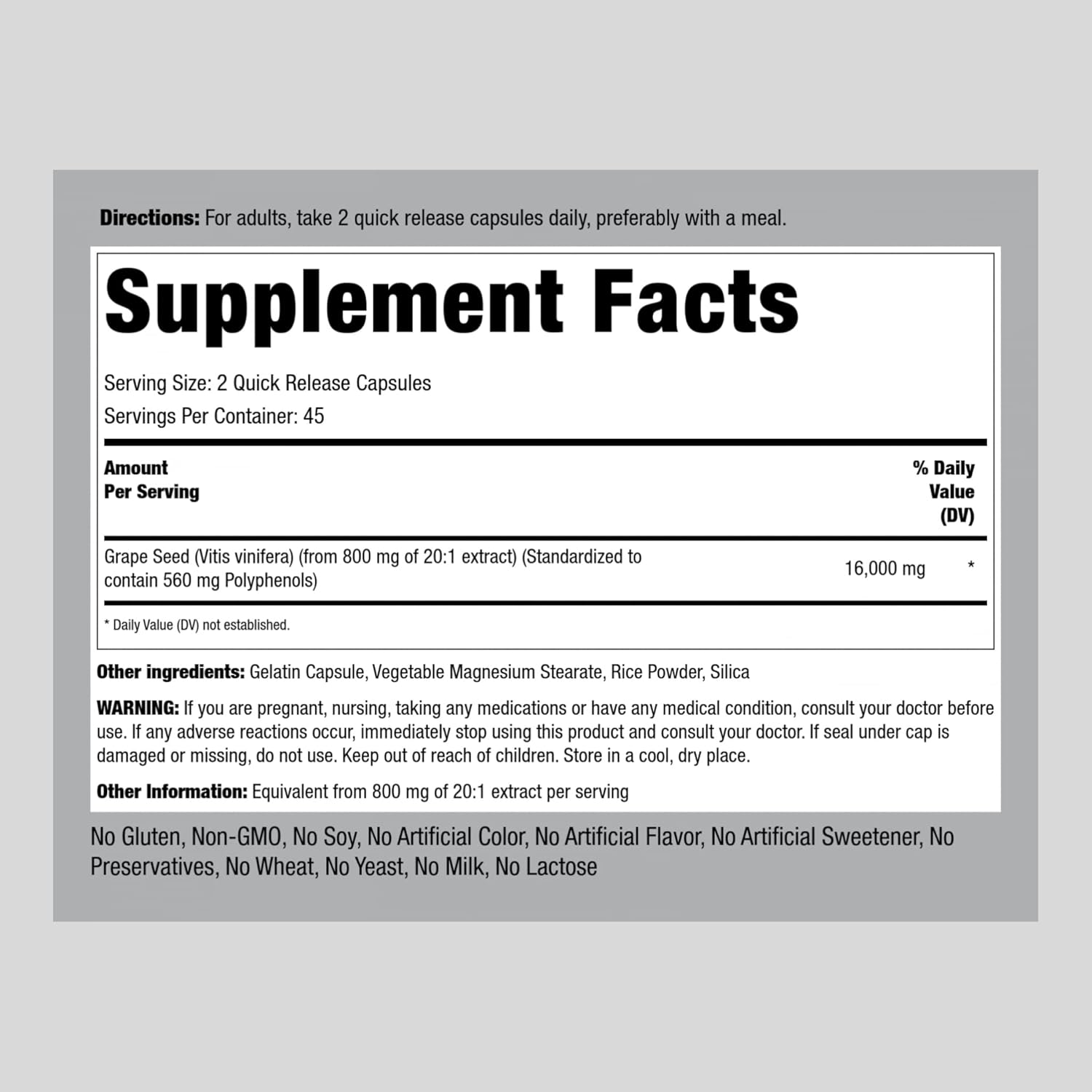 16,000 mg Grape Seed Extract Capsules - 90 Count | Standardized Non-GMO Supplements | Gluten Free
