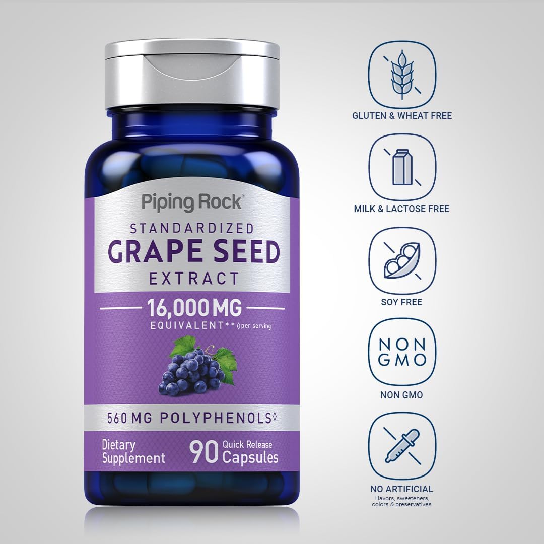 16,000 mg Grape Seed Extract Capsules - 90 Count | Standardized Non-GMO Supplements | Gluten Free