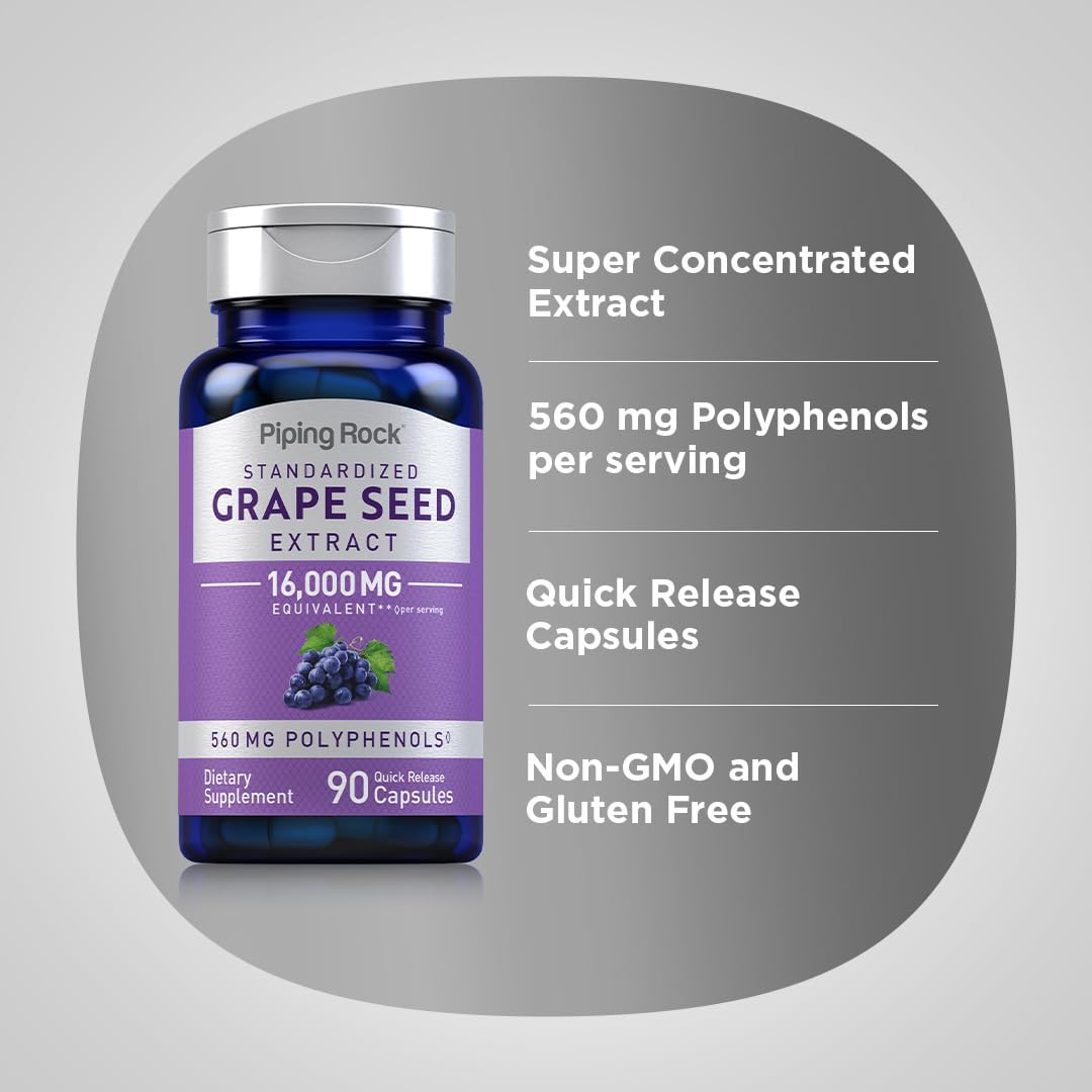 16,000 mg Grape Seed Extract Capsules - 90 Count | Standardized Non-GMO Supplements | Gluten Free