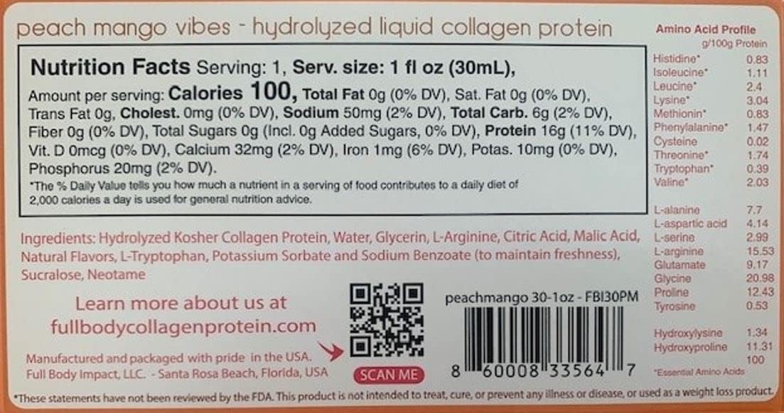 16,000mg Liquid Collagen Protein Supplement for Hair, Skin, Nails & Joints - Box of 30, Peach Mango Flavor, Sugar Free