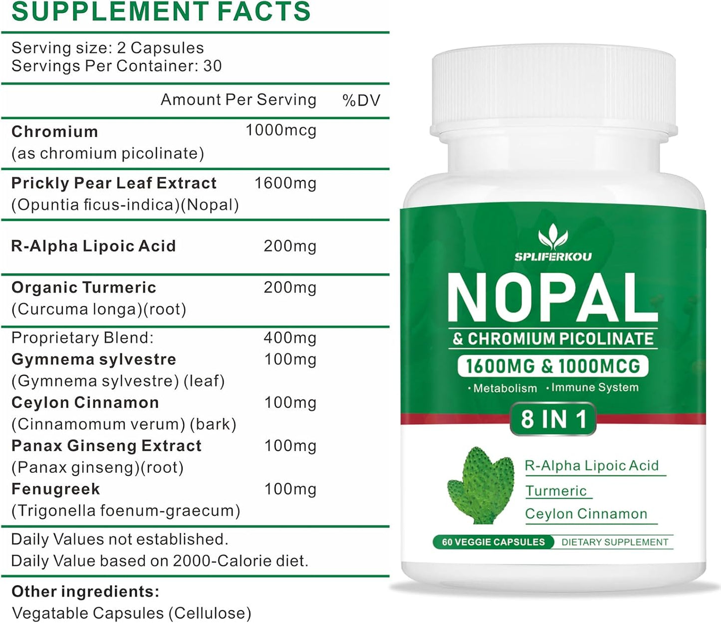 1600mg Super Nopal Prickly Pear Supplement with R-Alpha Lipoic Acid & Turmeric - 120 Capsules