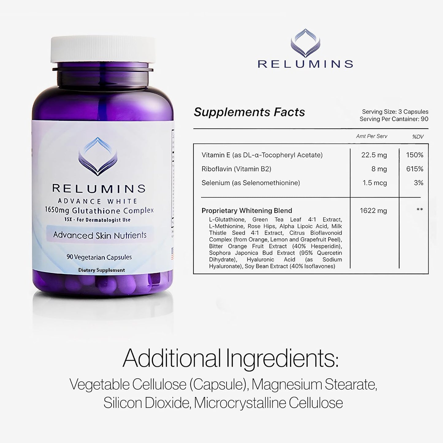 1650mg Glutathione Supplement with Alpha Lipoic Acid, Rose HIPS, Riboflavin, and Vitamin E - 90 Veggie Capsules