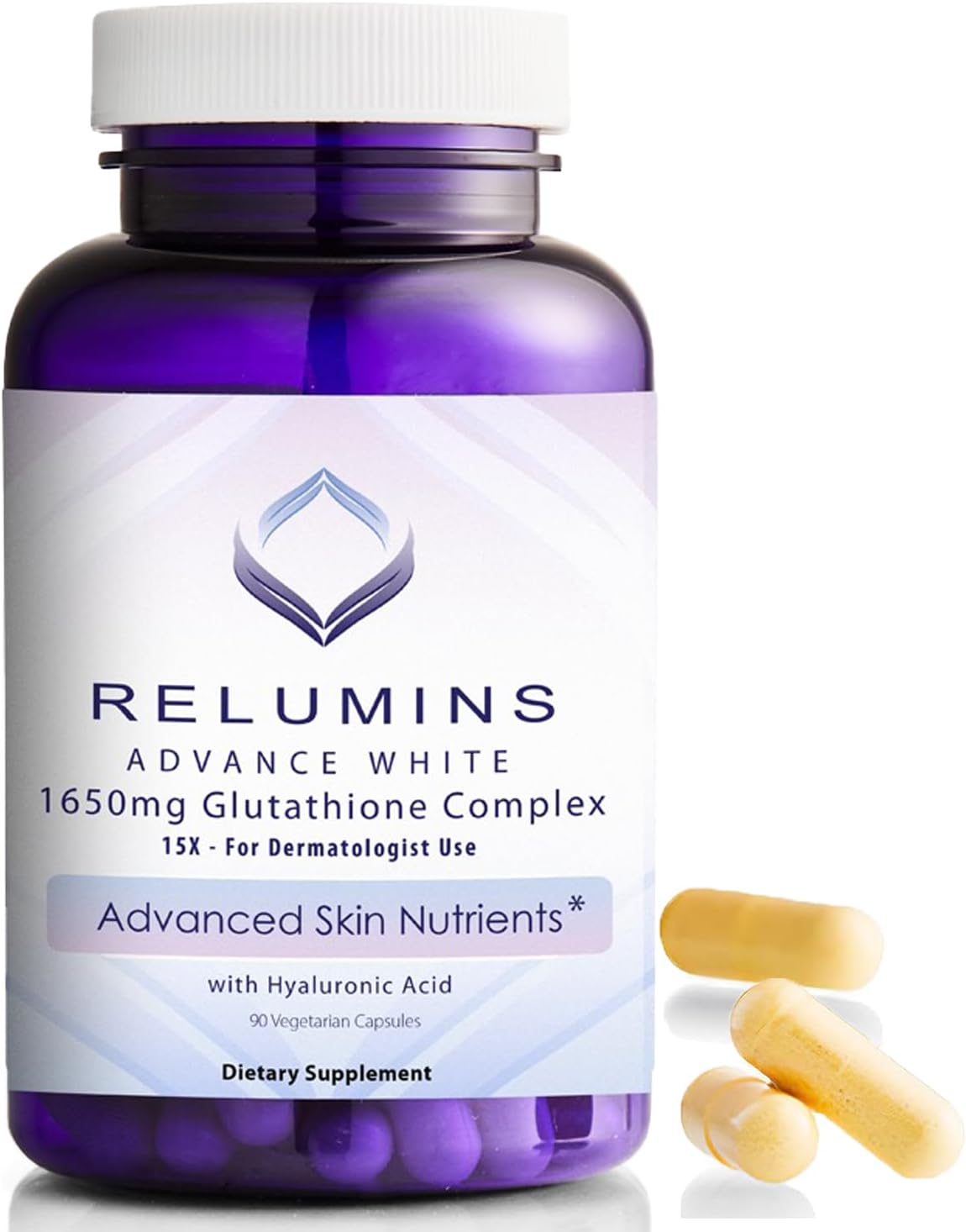 1650mg Relumins Glutathione Complex with Hyaluronic Acid, Alpha Lipoic Acid, Rose HIPS, Riboflavin, Vitamin E - 90 Capsules - Veggie Supplement