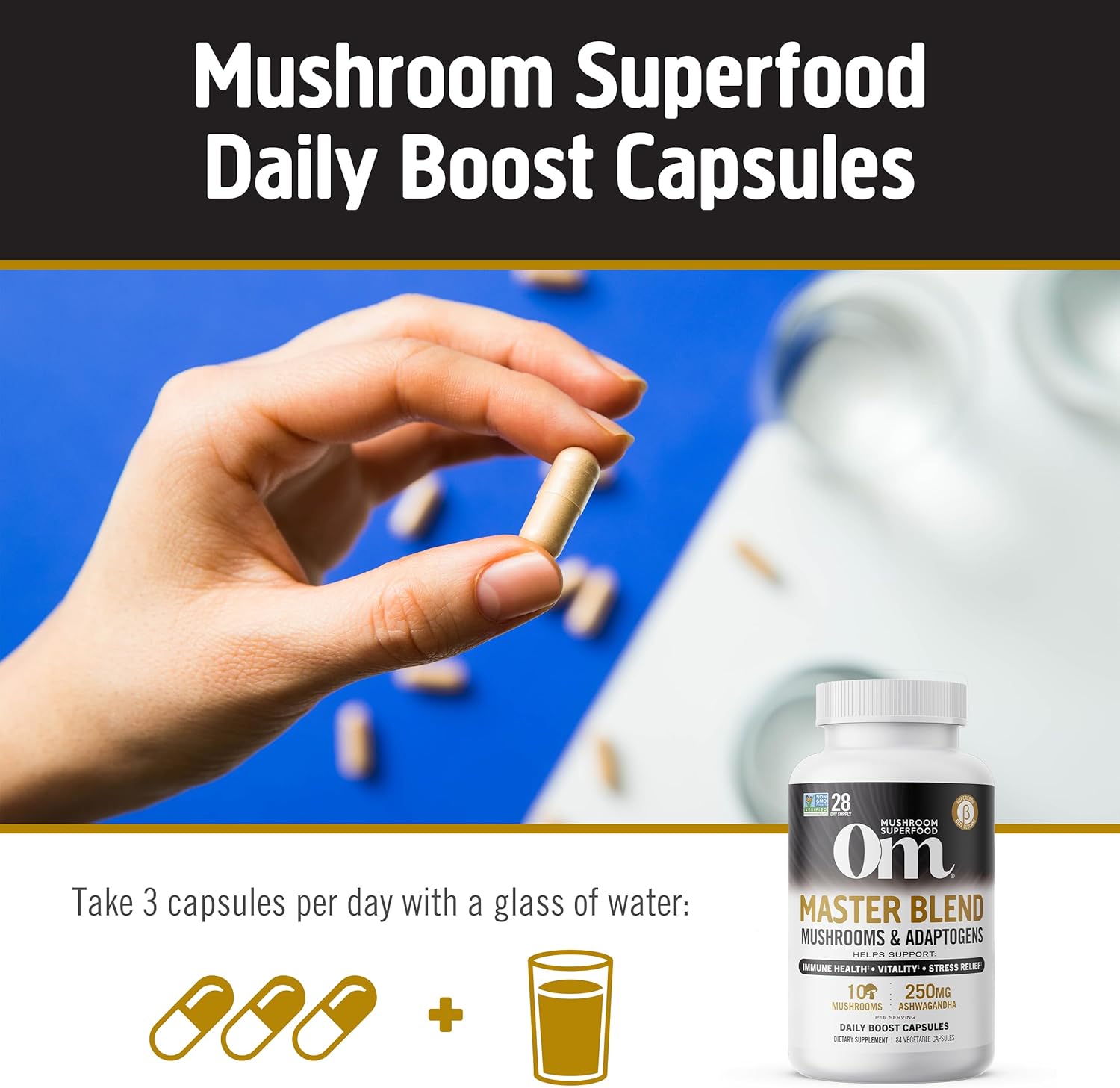 168 Count OM Mushroom Superfood Master Blend Capsules with Adaptogens for Immune Health and Stress Relief, 10 Mushroom Complex