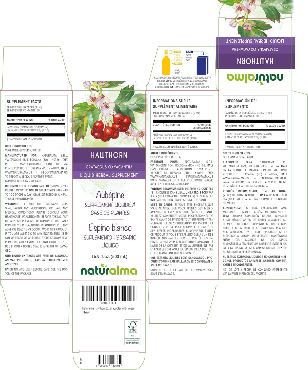 16.9 fl oz Alcohol-Free Hawthorn Leaf and Flower Tincture - Liquid Extract Drops - Herbal Supplement - Vegan Friendly