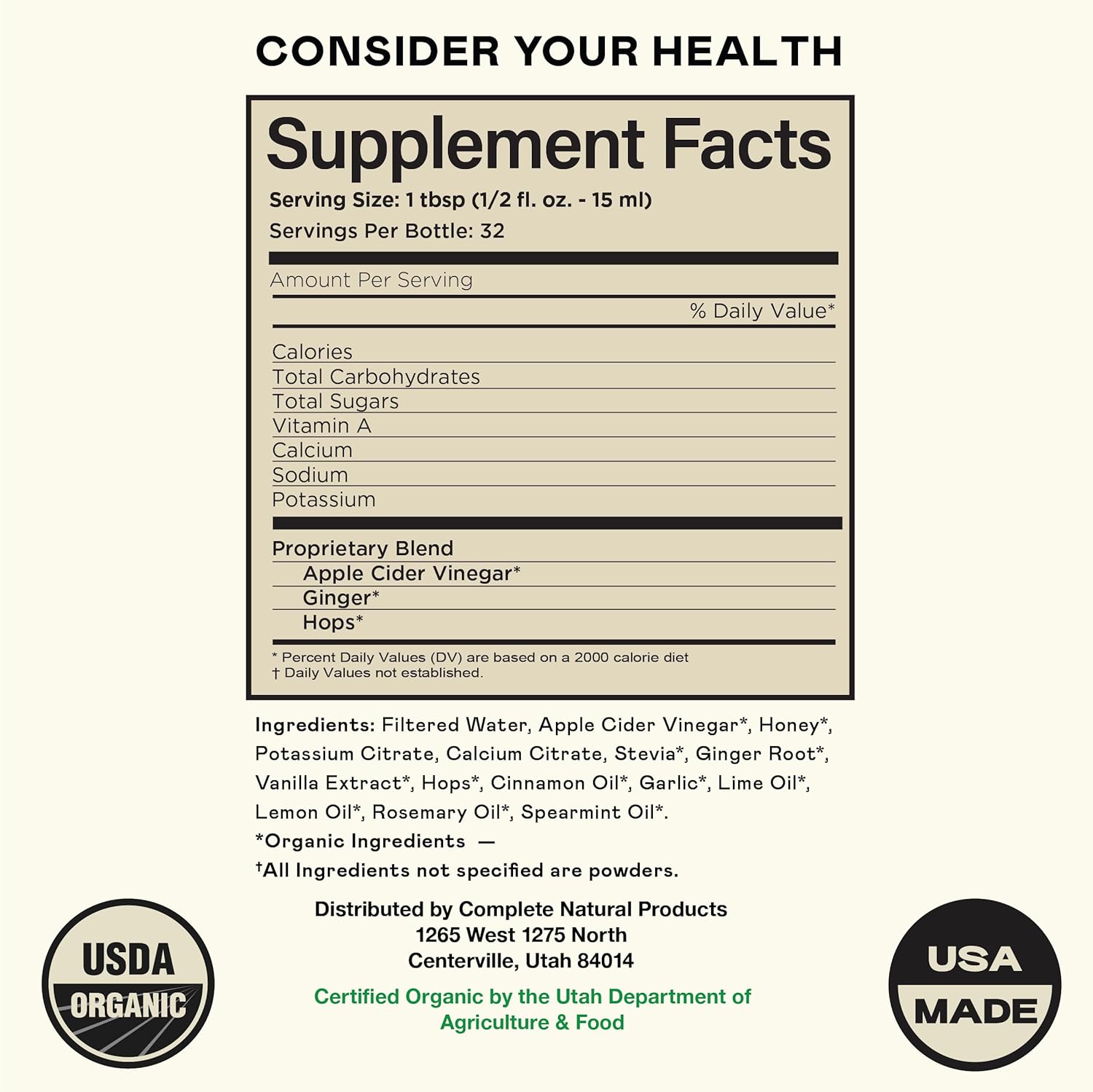 16oz Glass Bottle Acid Reflux Cleanse Supplement with Ginger, Hops, Garlic & Apple Cider Vinegar - Complete Natural Products