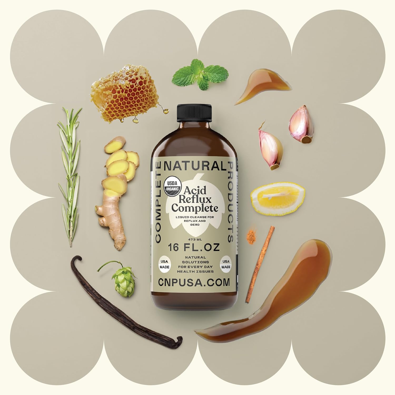 16oz Glass Bottle Acid Reflux Cleanse Supplement with Ginger, Hops, Garlic & Apple Cider Vinegar - Complete Natural Products