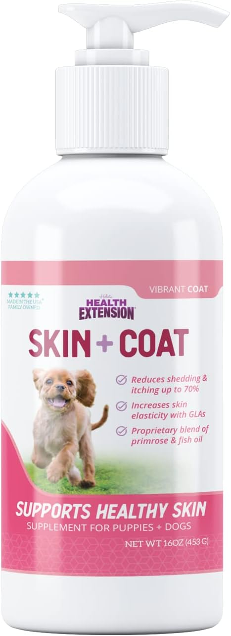 16oz Health Extension Skin & Coat Supplement for Dogs - Omega 3 & 6 Rich Formula to Reduce Shedding & Itching, Promotes Healthy Skin & Shiny Coat for Puppies