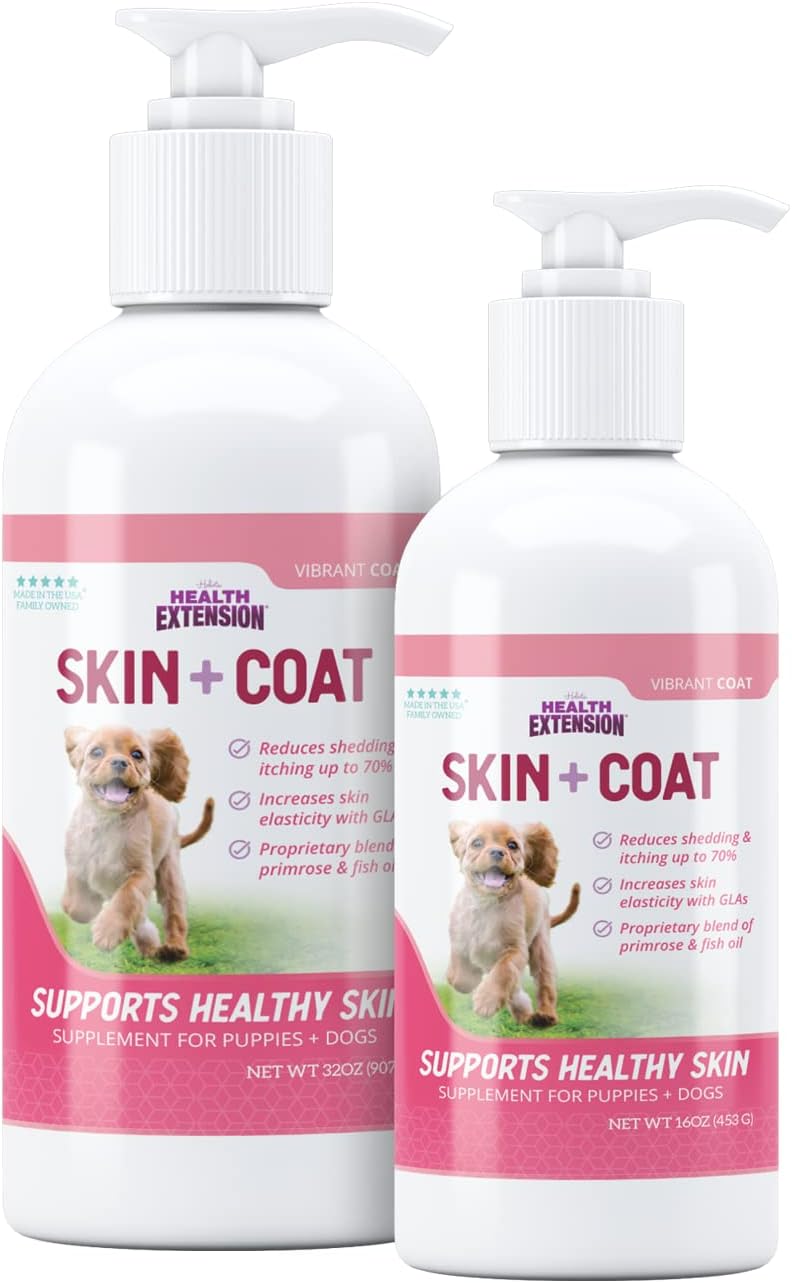 16oz Health Extension Skin & Coat Supplement for Dogs - Omega 3 & 6 Rich Formula to Reduce Shedding & Itching, Promotes Healthy Skin & Shiny Coat for Puppies