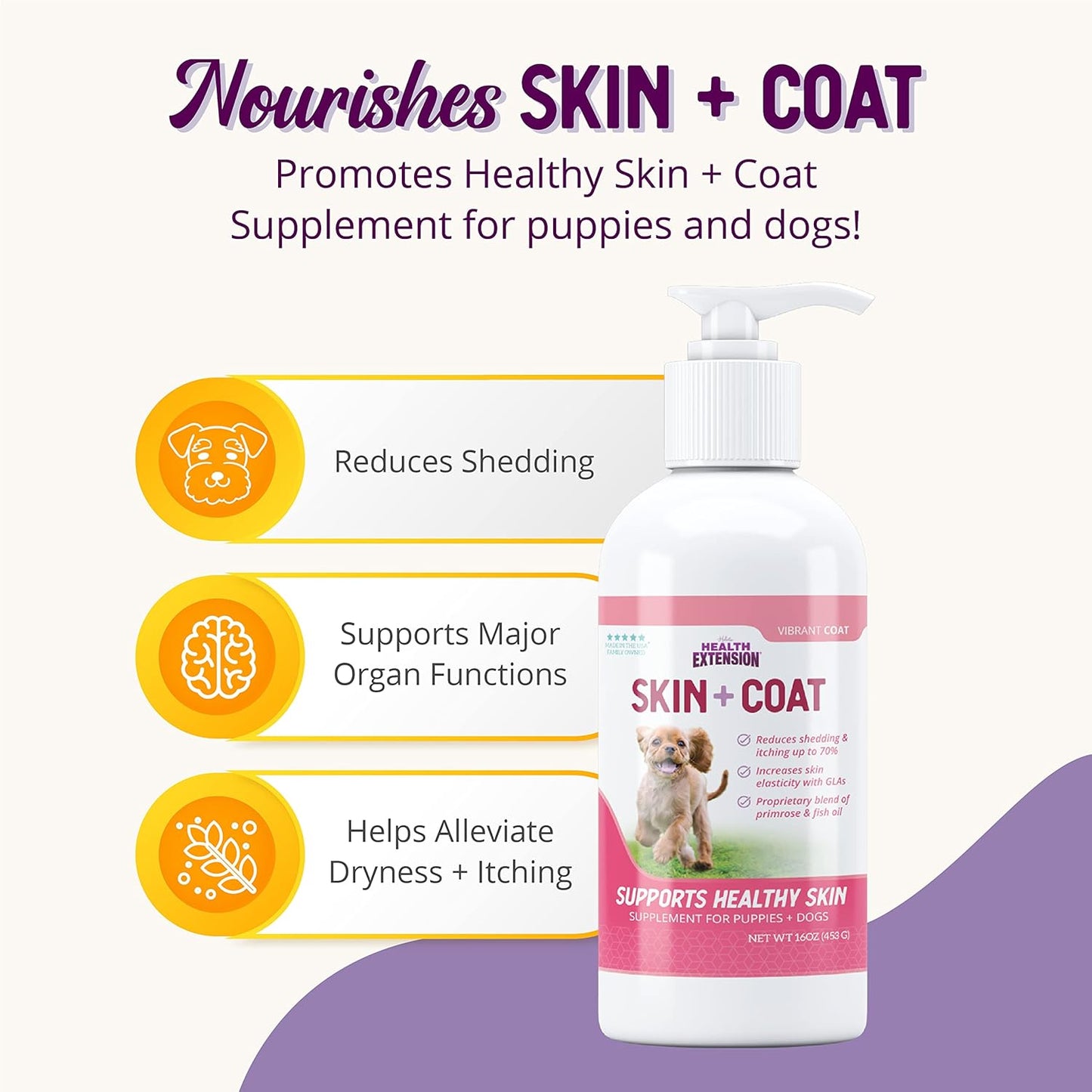 16oz Health Extension Skin & Coat Supplement for Dogs - Omega 3 & 6 Rich Formula to Reduce Shedding & Itching, Promotes Healthy Skin & Shiny Coat for Puppies
