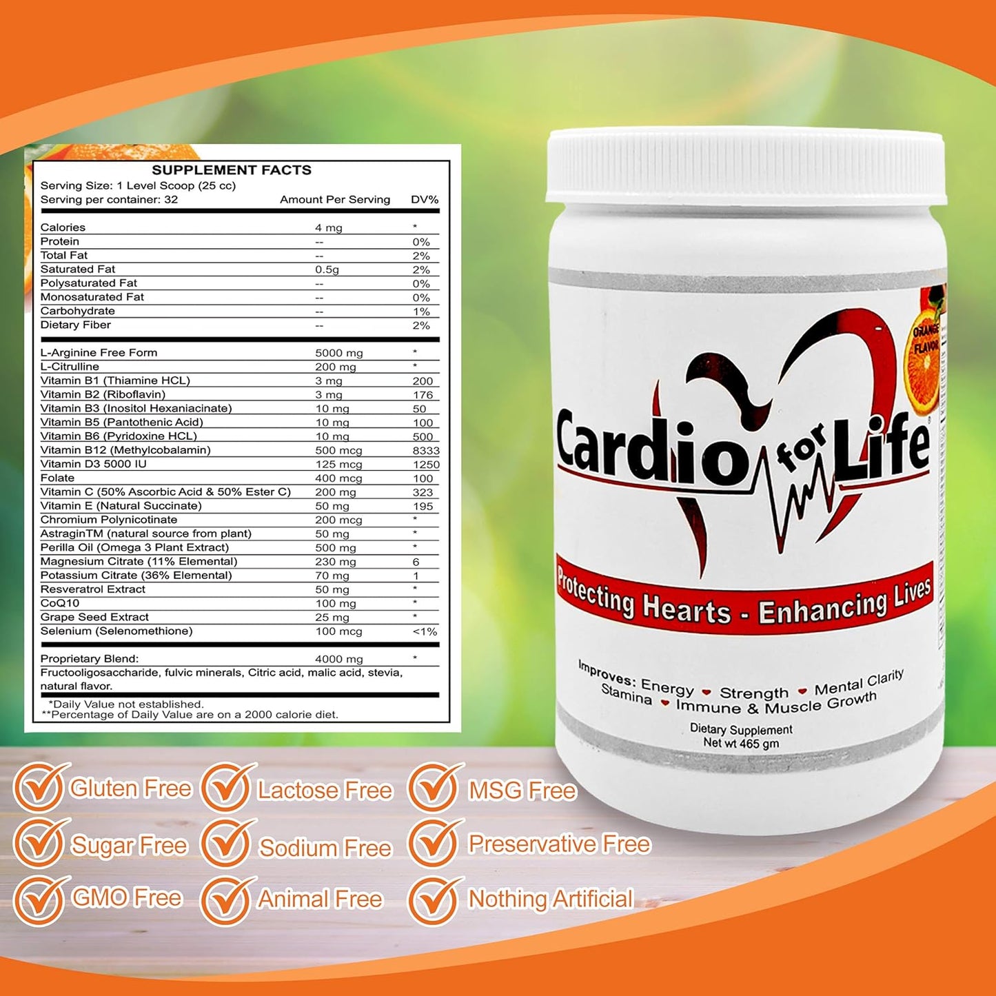 16oz Health Guardian Cardio for Life L-Arginine Powder - Natural Energy Boost & Cardiovascular Support - Orange Flavor