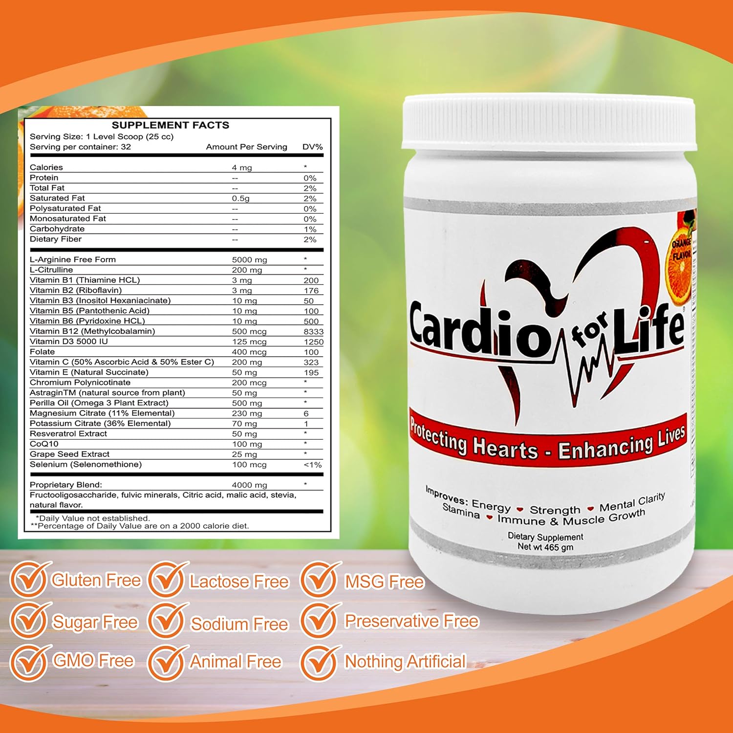 16oz Health Guardian Cardio for Life L-Arginine Powder - Natural Energy Boost & Cardiovascular Support - Orange Flavor