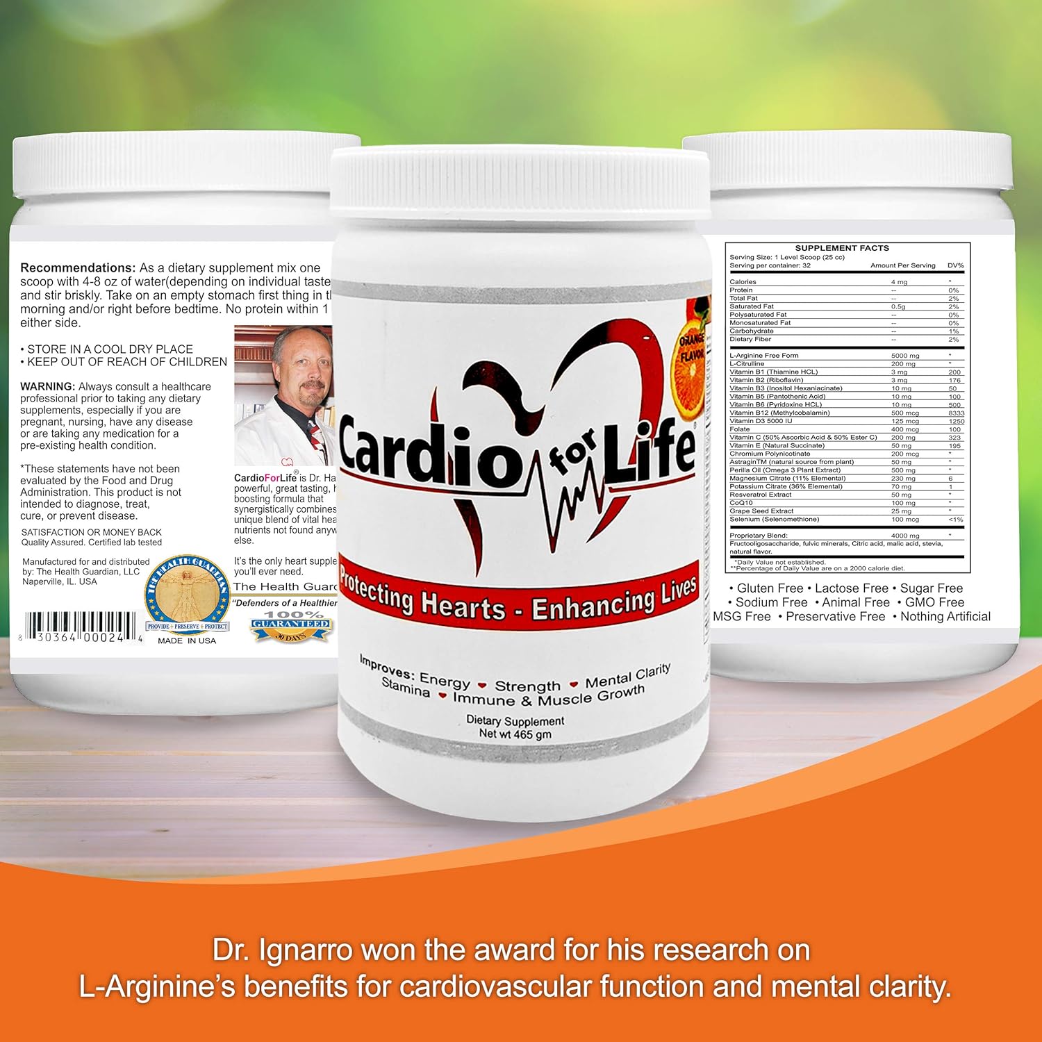 16oz Health Guardian Cardio for Life L-Arginine Powder - Natural Energy Boost & Cardiovascular Support - Orange Flavor