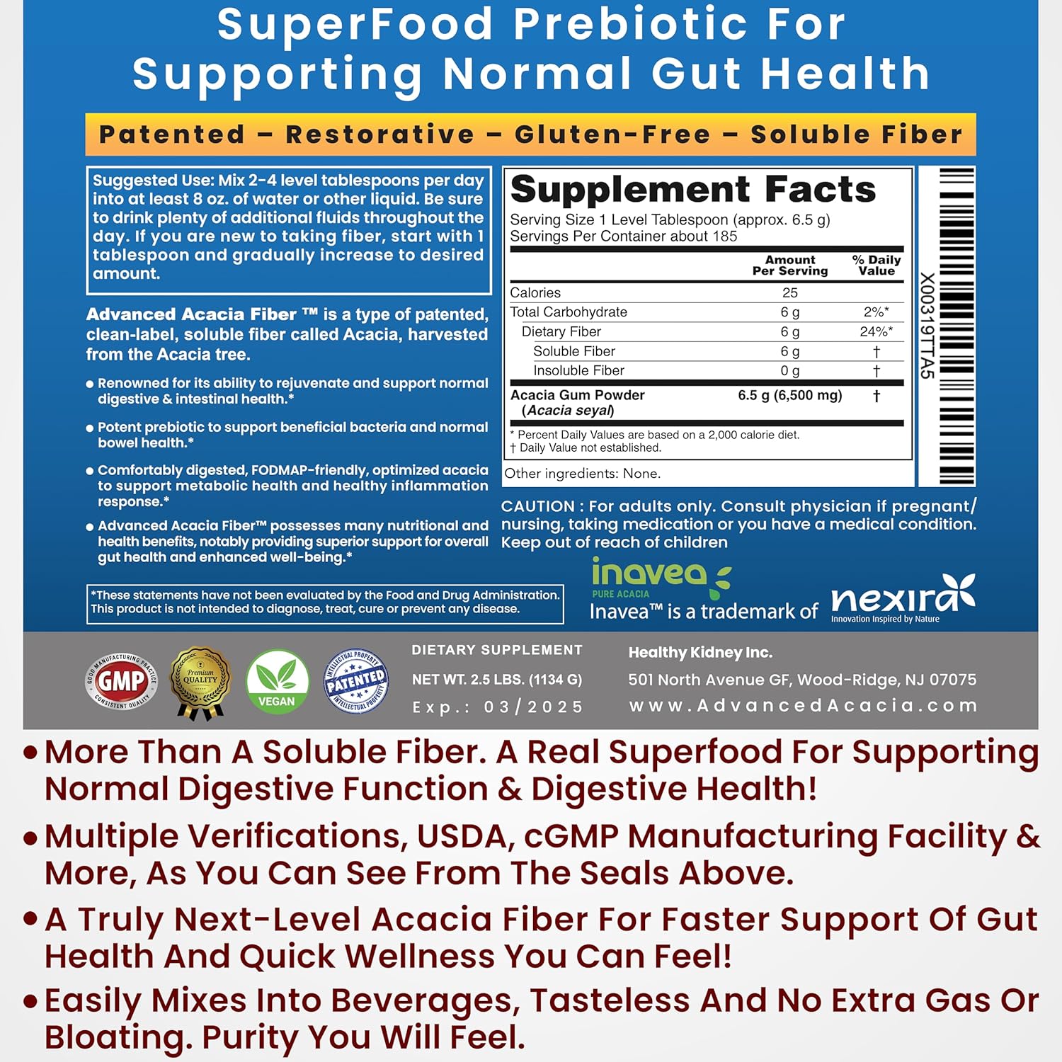 16oz Kidney Restore Advanced Acacia Fiber Powder for Gut Health & Digestive Rejuvenation - Natural Soluble Fiber Supplement for Regularity & Leaky Gut Repair