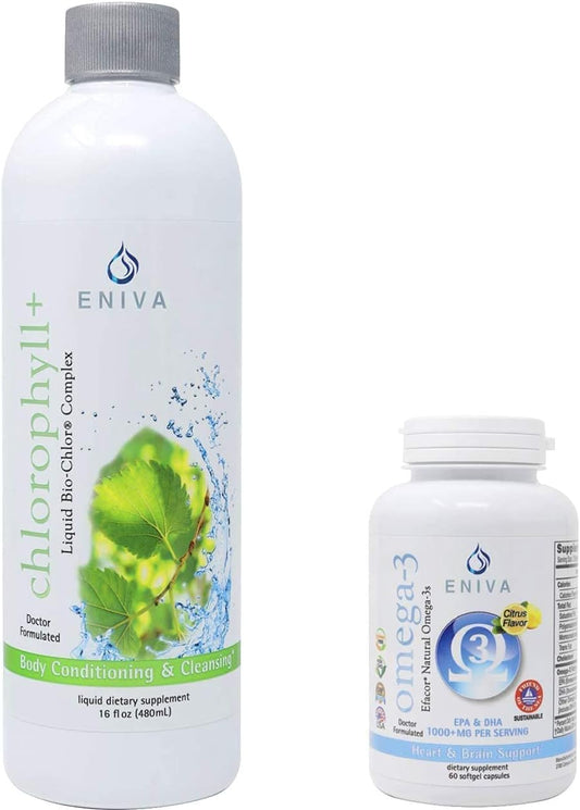 16oz Liquid Chlorophyll Supergreens & 60 Caps Omega-3 Fish Oil by Eniva Health - Bundle