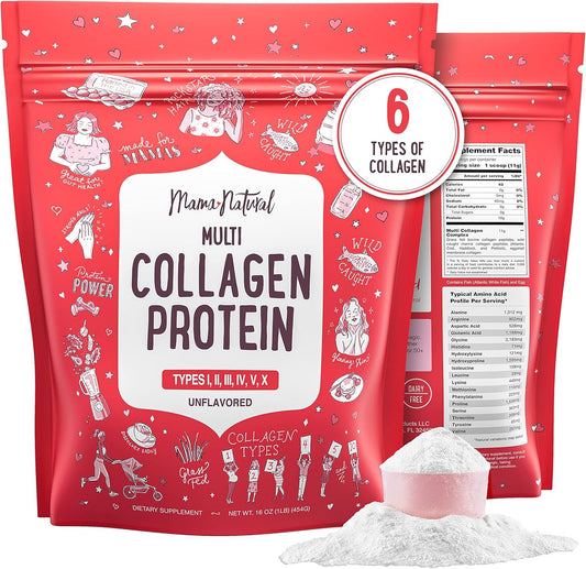 16oz Mama Natural Multi Collagen Protein Powder - Unflavored & Hydrolyzed - Grass Fed Beef, Wild Fish, Marine & USA Eggshell - Type I II III IV V X - Pure Collagen Peptides for Whole Body Collagen Support