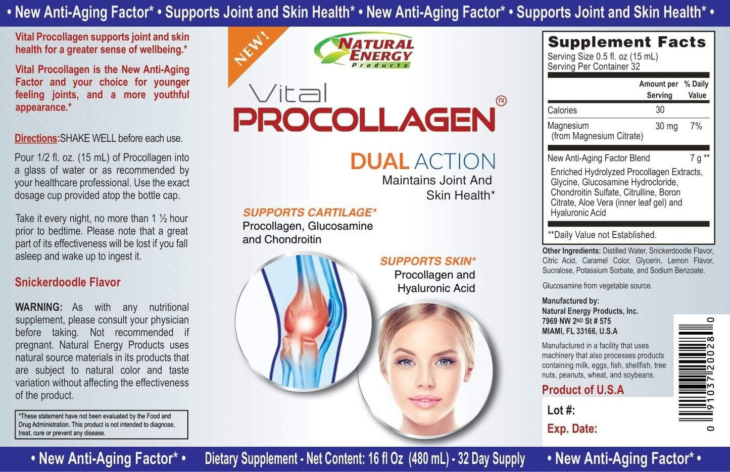 16oz Natural Energy Vital Procollagen Liquid Collagen Protein with Hyaluronic Acid & Glucosamine Chondroitin - Anti-Aging for Men & Women - Snickerdoodle Flavor