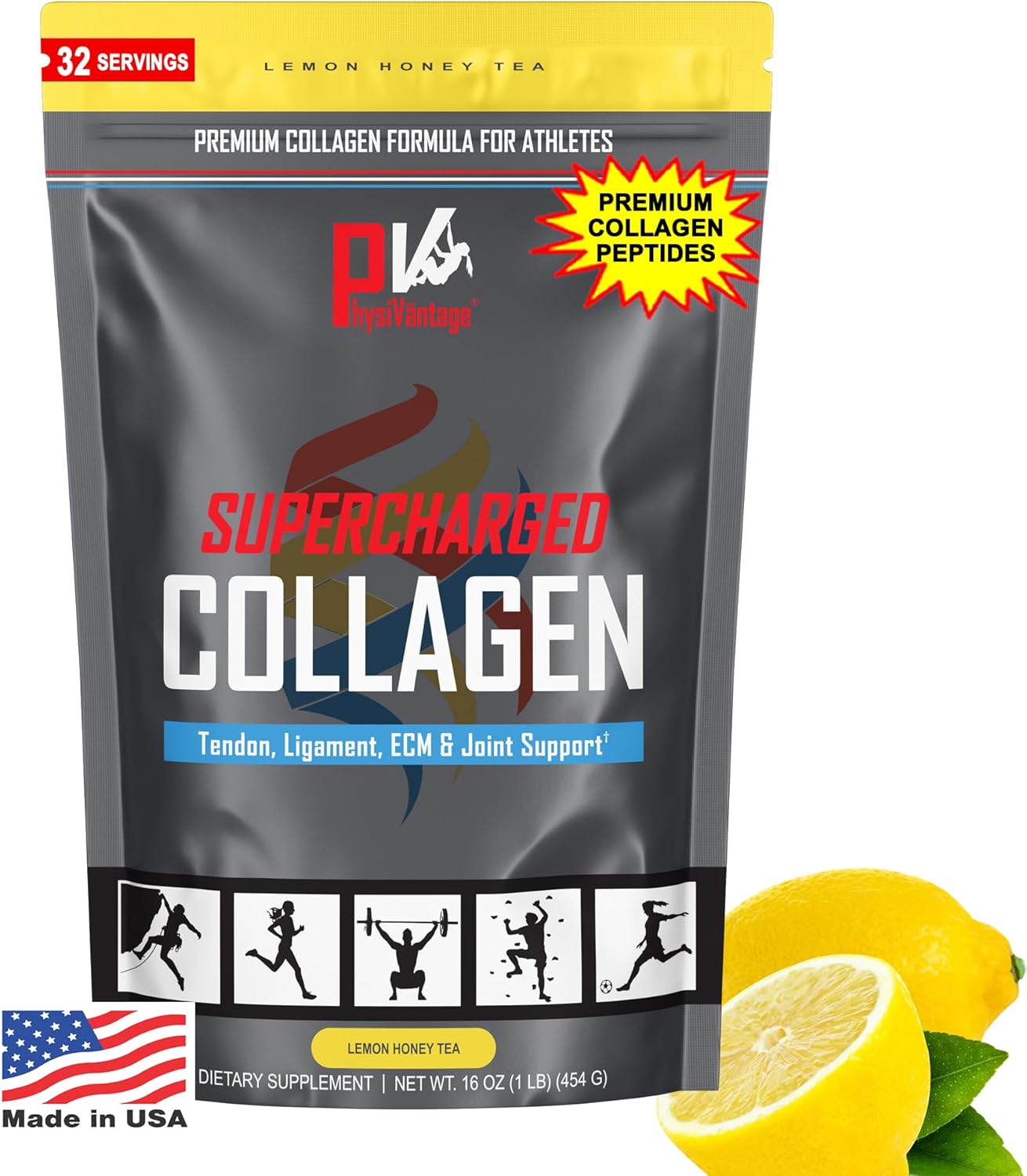 16oz PhysiVantage Supercharged Collagen Peptides Powder - Hydrolyzed with Vitamin C & BCAAs - Lemon Honey Tea Flavor - Joint, Tendon, Ligament, & Skin Health Support - Keto & Paleo Friendly