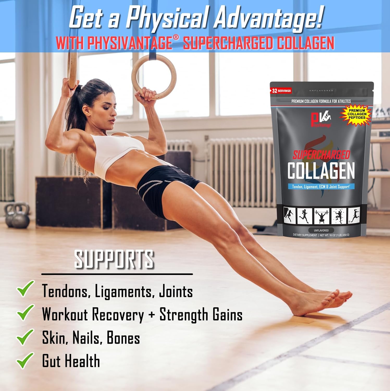 16oz PhysiVantage Supercharged Collagen Peptides Powder - Hydrolyzed with Vitamin C & BCAAs - Lemon Honey Tea Flavor - Joint, Tendon, Ligament, & Skin Health Support - Keto & Paleo Friendly