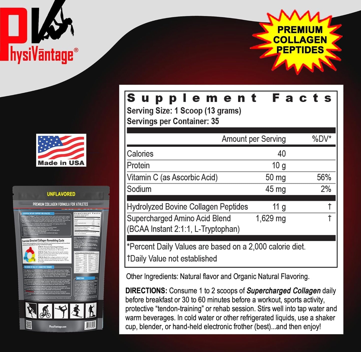 16oz PhysiVantage Supercharged Collagen Peptides Powder - Hydrolyzed with Vitamin C & BCAAs - Lemon Honey Tea Flavor - Joint, Tendon, Ligament, & Skin Health Support - Keto & Paleo Friendly