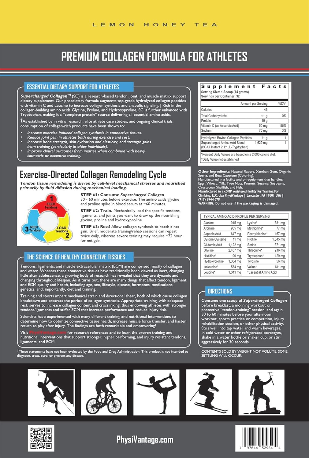 16oz PhysiVantage Supercharged Collagen Peptides Powder - Hydrolyzed with Vitamin C & BCAAs - Lemon Honey Tea Flavor - Joint, Tendon, Ligament, & Skin Health Support - Keto & Paleo Friendly