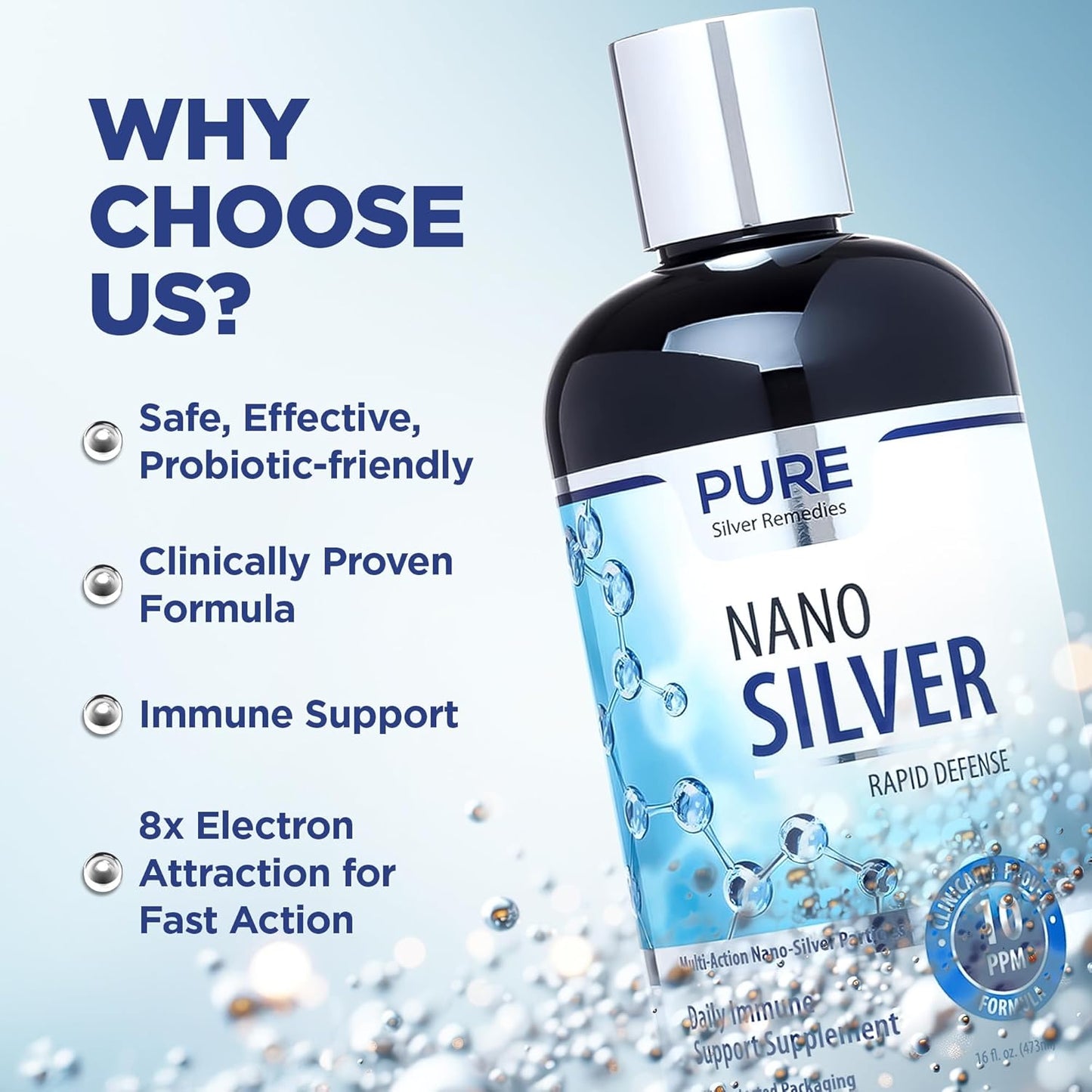 16oz Refill Nano Silver Spray for Daily Immune Support | 10 PPM Colloidal Silver | Probiotic-Friendly Solution