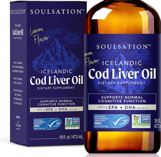 16oz SOULSATION Icelandic Cod Liver Oil Liquid with Lemon Flavor - Rich in Vitamins A & D, EPA & DHA - Supports Vision, Skin, & Immune System - MSC Certified, Non-GMO