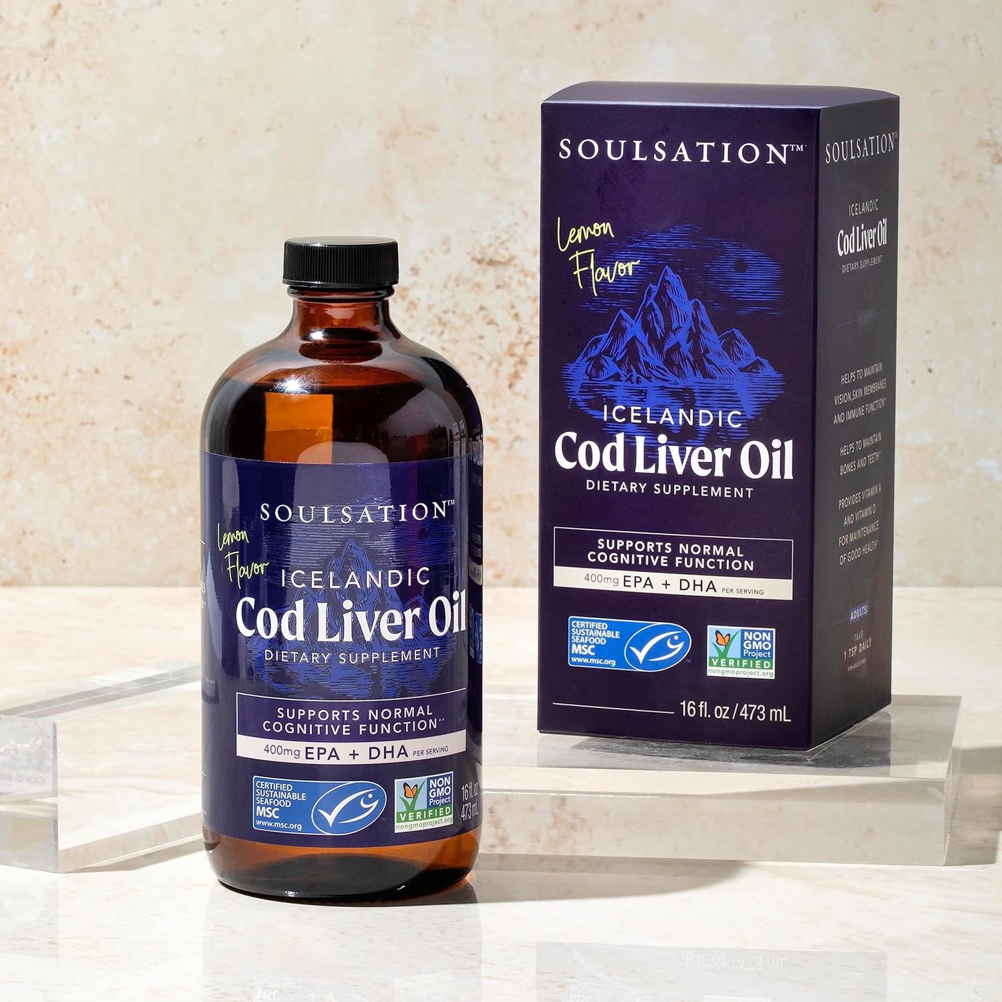 16oz SOULSATION Icelandic Cod Liver Oil Liquid with Lemon Flavor - Rich in Vitamins A & D, EPA & DHA - Supports Vision, Skin, & Immune System - MSC Certified, Non-GMO